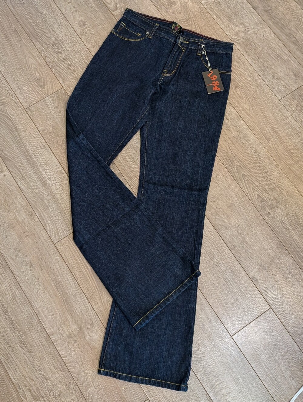 Dark Indigo Flare Jeans With Yellow Stitching - Y2K Deadstock